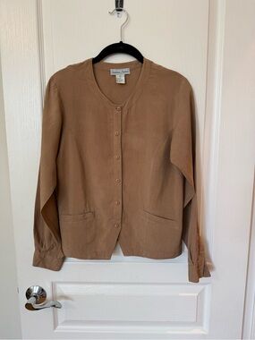 Vintage Stephanie Andrews 100% Silk Brown Button Front Shirt